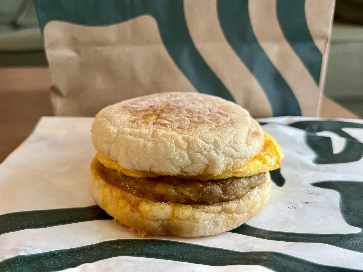 a Sausage, Cheddar, and Egg Sandwich from starbucks