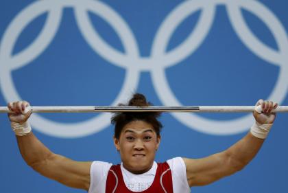 Kazakhstan's Maiya Maneza competes on the women's 63Kg weightlifting competition at the ExCel venue at the London 2012 Olympic Games July 31, 2012. (REUTERS/Paul Hanna)