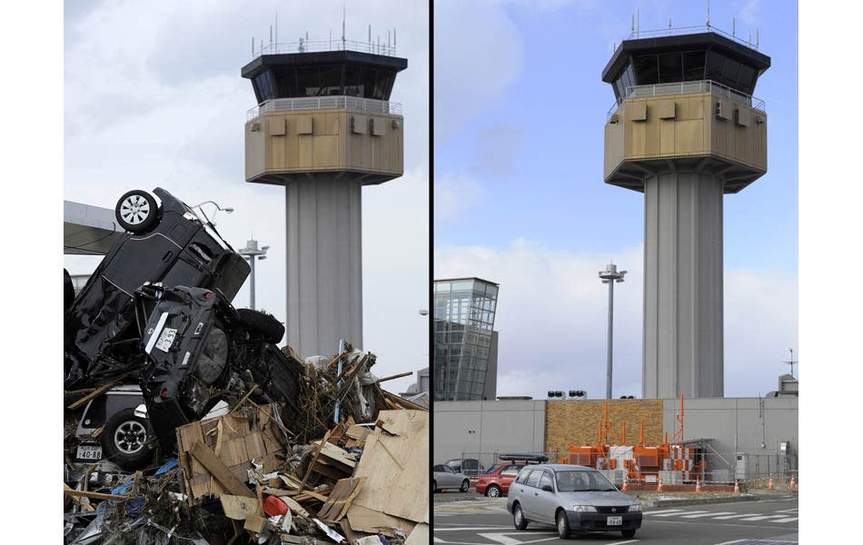 This combination of pictures shows cars piled up in front of the airport control tower in Sendai on March 14, 2011 (L) after a tsunami hit the region on March 11, 2011 and the same area on January 12, 2012 (R). AFP PHOTO / Philippe Lopez (L) AFP PHOTO / Toru Yamanaka (R)