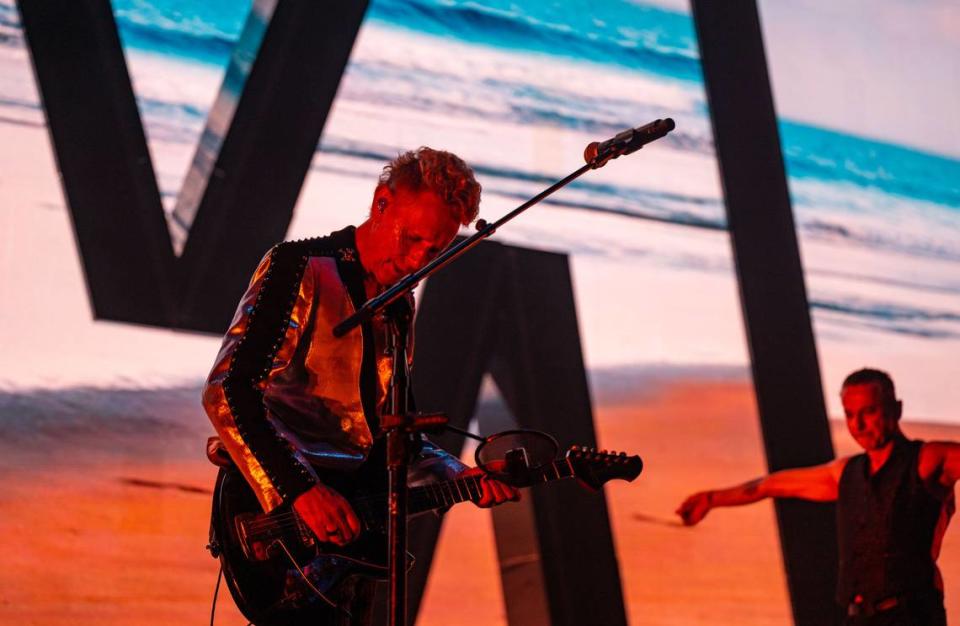 Songwriter/guitarist Martin Gore, left, and vocalist Dave Gahan, the two remaining original members of Depeche Mode, play the sold-out first show for their “Memento Mori” world tour at Golden 1 Center on Thursday.