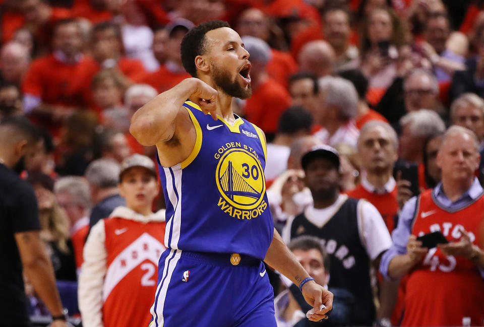TORONTO, ONTARIO - JUNE 10:  Stephen Curry #30 of the Golden State Warriors reacts against the Toronto Raptors in the second half during Game Five of the 2019 NBA Finals at Scotiabank Arena on June 10, 2019 in Toronto, Canada. NOTE TO USER: User expressly acknowledges and agrees that, by downloading and or using this photograph, User is consenting to the terms and conditions of the Getty Images License Agreement. (Photo by Gregory Shamus/Getty Images)