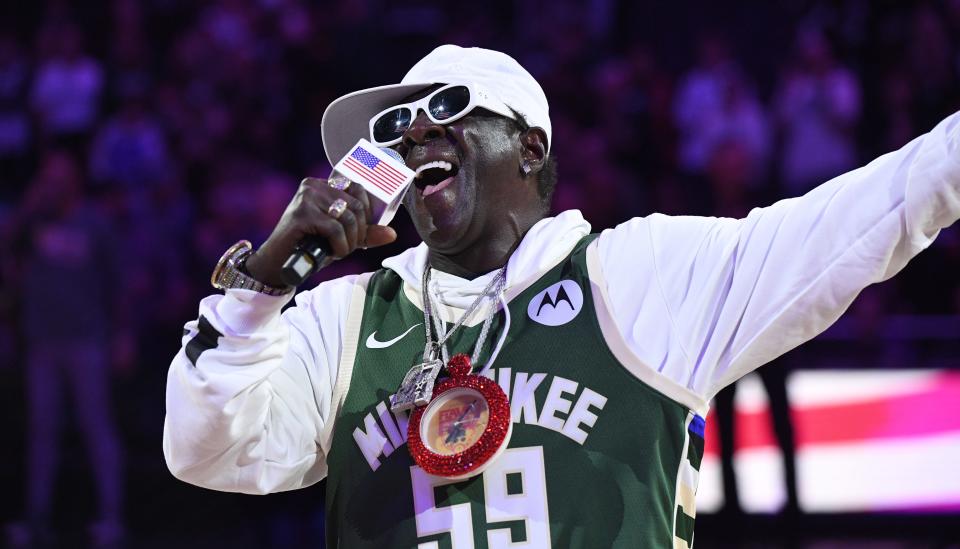 Flavor Flav singing the National Anthem before the Milwaukee Bucks and Atlanta Hawks game at Fiserv Forum in Milwaukee.