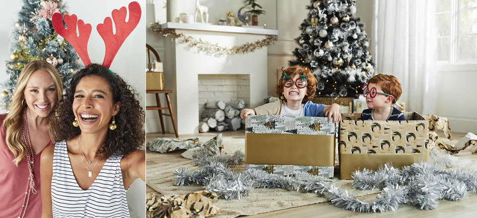 Left: Two women standing in front of Christmas tree, one wearing costume reindeer antlers; Right: Two children opening in front of Christmas tree opening presents