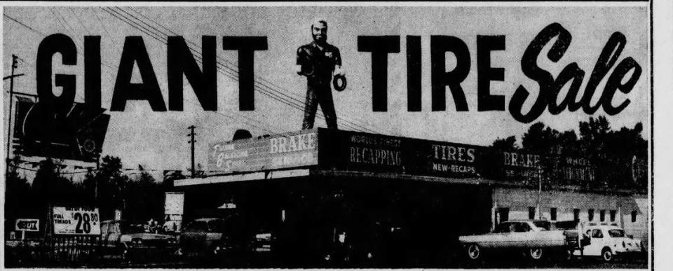 A fiberglass Paul Bunyan statue on top of Raffield’s O.K. Tire Store on Rocky Creek Road in South Macon in the mid ’60s.
