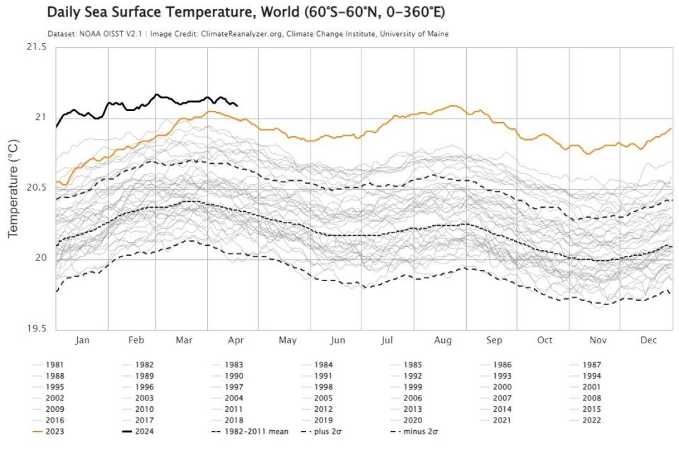 Daily average sea surface temperatures continue to exceed previous records.