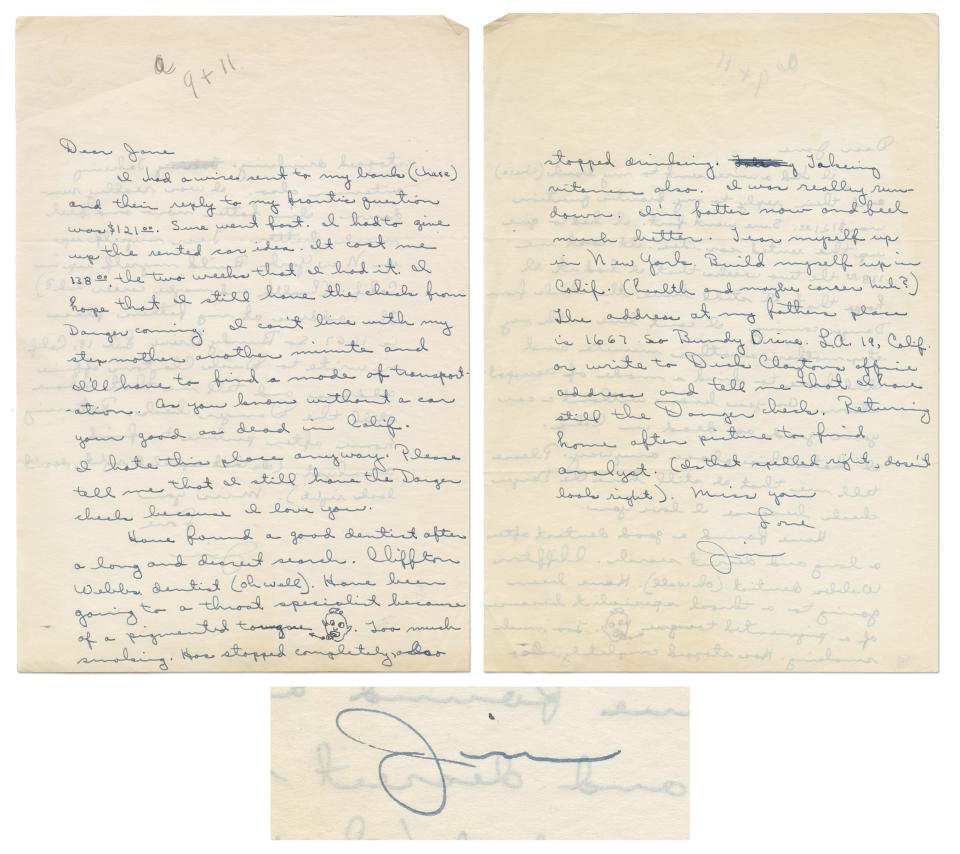 A photo of a letter written by James Dean being sold by Nate D. Sanders Auctions. 