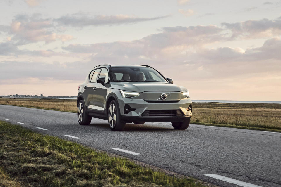 This photo provided by Volvo shows the 2023 Volvo XC40 Recharge, a small electric luxury SUV with an EPA estimated range of up to 265 miles. (Courtesy of Volvo Cars of North America via AP)