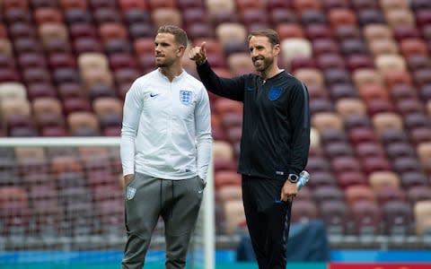 Jordan Henderson and Gareth Southgate visit the Luzhniki Stadium before the match - Credit:  JULIAN SIMMONDS