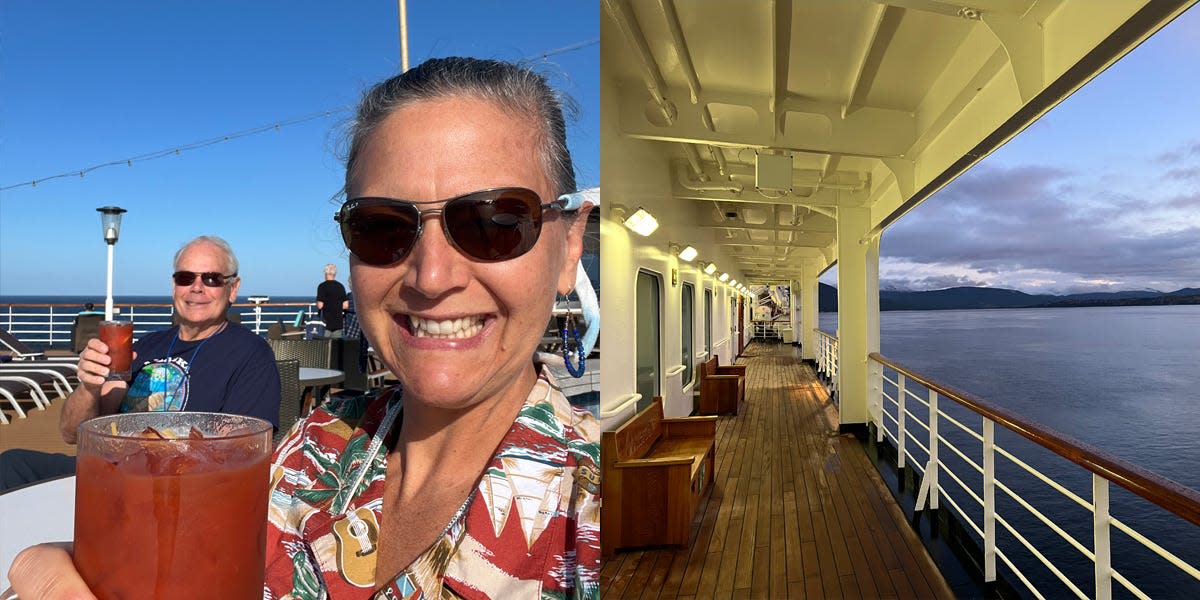 Rebecca Reuter and her husband with drinks next to photo of cruise ship deck