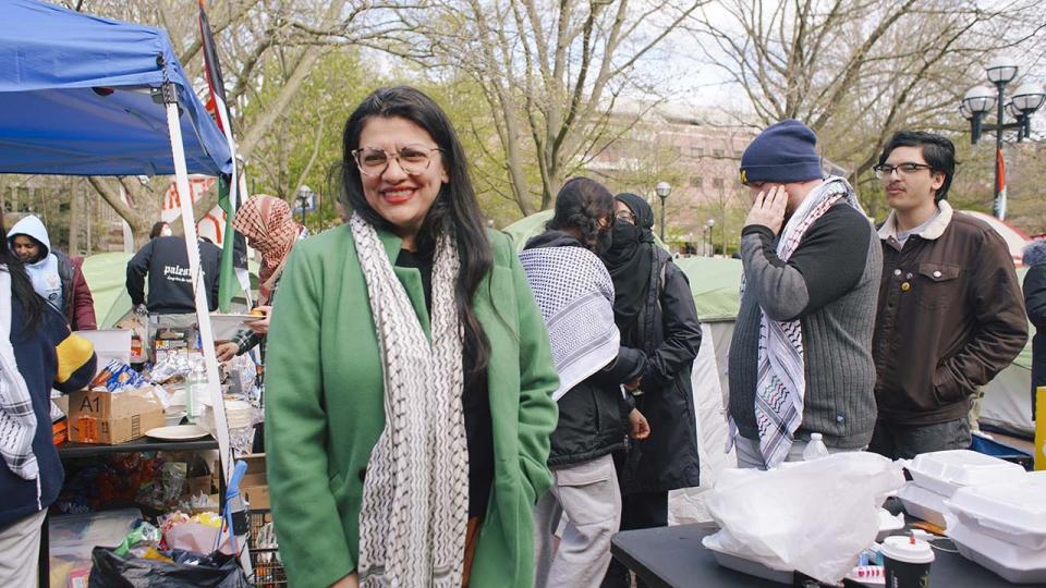 Rashida Tlaib attends the protest as students set up an encampment to protest against Israeli attacks on Gaza on the grounds of the University of Michigan, in Ann Arbor, Michigan, United States on April 24, 2024.