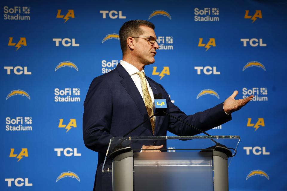 Chargers coach Jim Harbaugh speaks to the media during a news conference at YouTube Theater on Thursday, Feb. 1, 2024, in Inglewood, California.