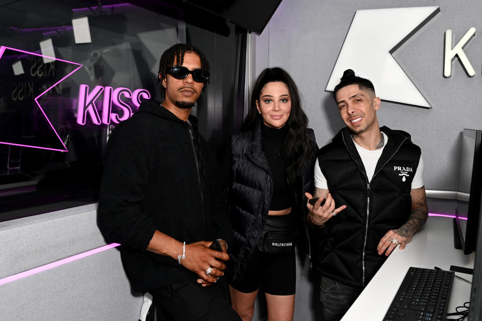 Fazer, Tulisa and Dappy of N-Dubz pose for a photo during a visit Kiss FM on May 16, 2022 in London, England. (Photo by Kate Green/Getty Images for Bauer Media )