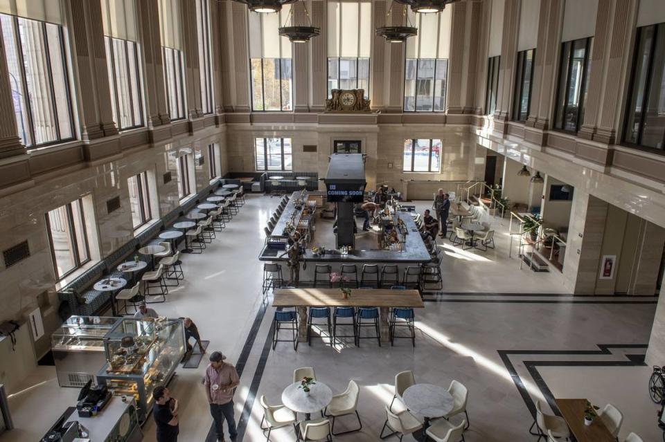 A view from the mezzanine at The Bank – a new food hall with local vendors and a self-service taproom – shows the architectural details of the old D.O. Mills Bank building in downtown Sacramento on Monday.