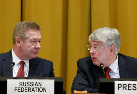 Russian Deputy Minister of Foreign Affairs Gennady Gatilov (L) talks with Russia's Ambassador to the U.N. Alexey Borodavkin before his address at the Conference on Disarmament at the United Nations in Geneva, Switzerland February 28, 2017. REUTERS/Denis Balibouse