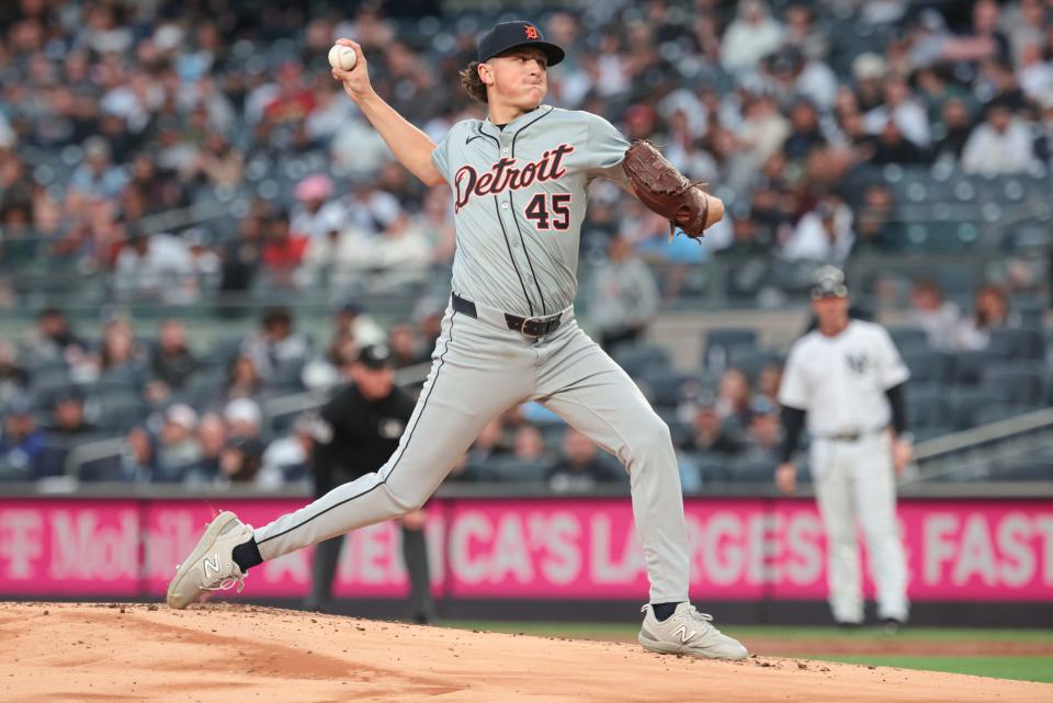 Detroit Tigers starting pitcher Reese Olson (45) delivers a pitch during the first inning against the New York Yankees at Yankee Stadium in New York on Friday, May 3, 2024.
