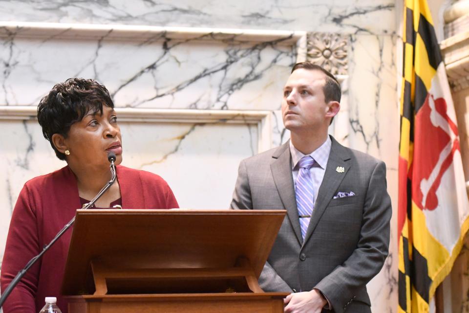 Maryland House Speaker Adrienne Jones, left, and Maryland Senate President Bill Ferguson stand in front of a joint session of the legislature before Maryland Gov. Larry Hogan, not pictured, delivers his annual State of the State address in Annapolis, Md., Wednesday, Feb. 5, 2020.