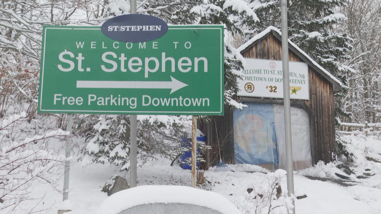 Community advocates say some homeless people have taken up shelter in a covered bridge replica building in St.Stephen, using tarps and a space heater to keep warm. (Graham Thompson/CBC - image credit)