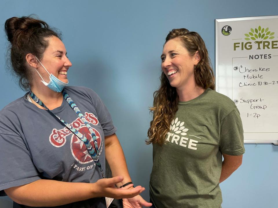 Laura Thurman of Cherokee Health Systems with Director of Outreach Ministries Katie McIlwain at Fig Tree, a homeless community outreach program sponsored by Cokesbury United Methodist Church, on June 1, 2022.