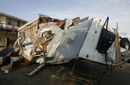 A destroyed travel trailer sits near the bay after rain and wind from Hurricane Hermine hit the town of Keaton Beach, Florida, U.S. September 2, 2016. REUTERS/Phil Sears