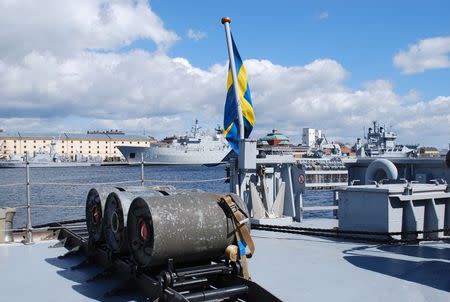 Anti-submarine depth charges are seen on the deck of Swedish Koster-class naval mine-hunter HMS Ulvon at Karlskrona naval base, Sweden, on April 29, 2015. A daily game of Cold War cat-and-mouse is ratcheting up tensions in the Baltic and drawing the biggest military presence into the region for over 20 years, Swedish military officials say. REUTERS/Tim Hepher