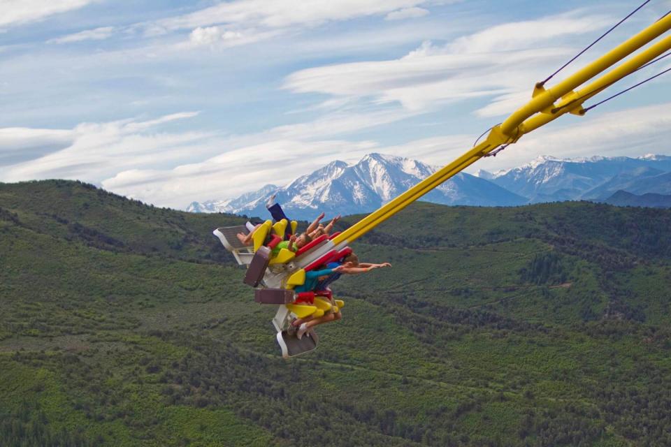 Another Glenwood Springs ride, the Giant Canyon Swing, hits 50 mph as its pendulum arm arcs about 90 degrees into the ether with nothing but the Colorado River 1,300 feet below.