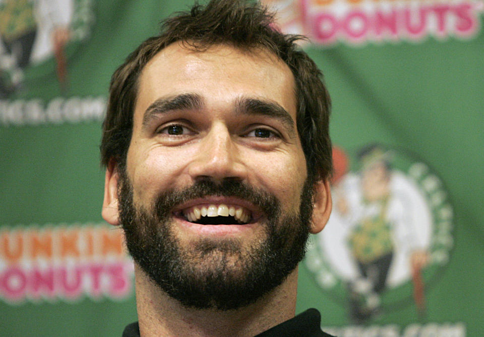 FILE - Boston Celtics center Scot Pollard smiles while facing reporters during a news conference held to introduce the newly signed player at the team's headquarters, in Boston, Thursday, Aug. 9, 2007. Pollard needs a heart transplant and the already dire predicament is made more difficult by the fact so few donors can provide him with a pump big and strong enough to supply blood to his body. (AP Photo/Steven Senne, File)