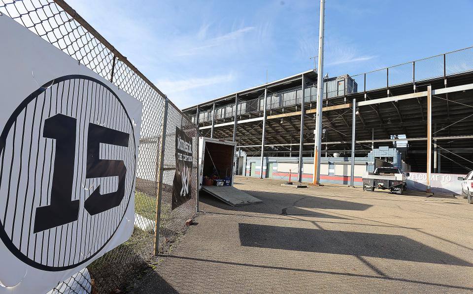 Thurman Munson's number hangs on the gate outside the ballpark that bears his name.