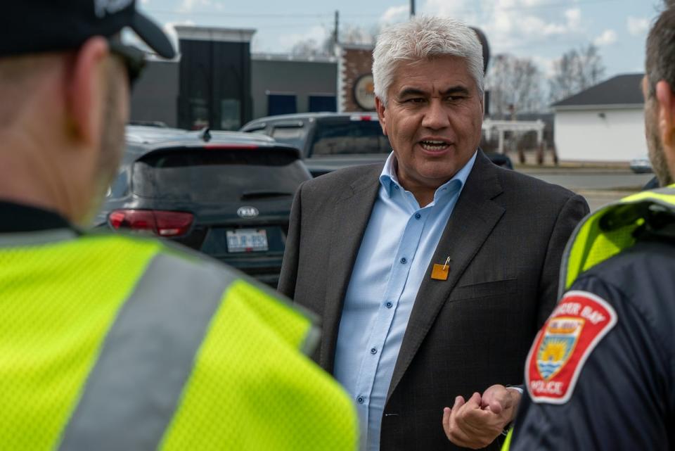 Thunder Bay Police Service chief designate Darcy Fleury participates in the city's Moose Hide Campaign walk.