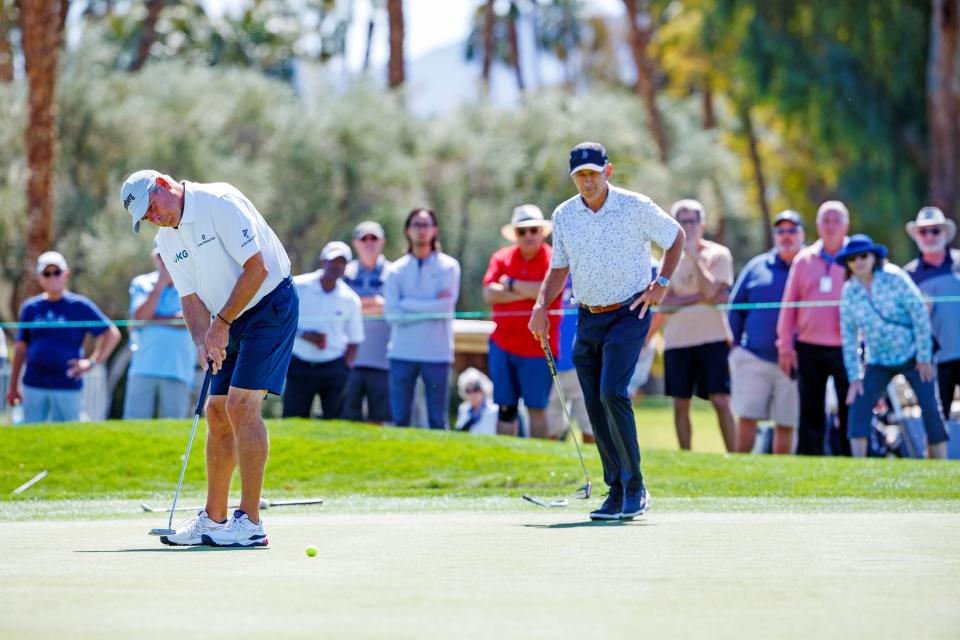 Fred Couples, left, putts on the first green during the pro-am day at Galleri Classic in Rancho Mirage, Calif., on Thursday, March 23, 2023.