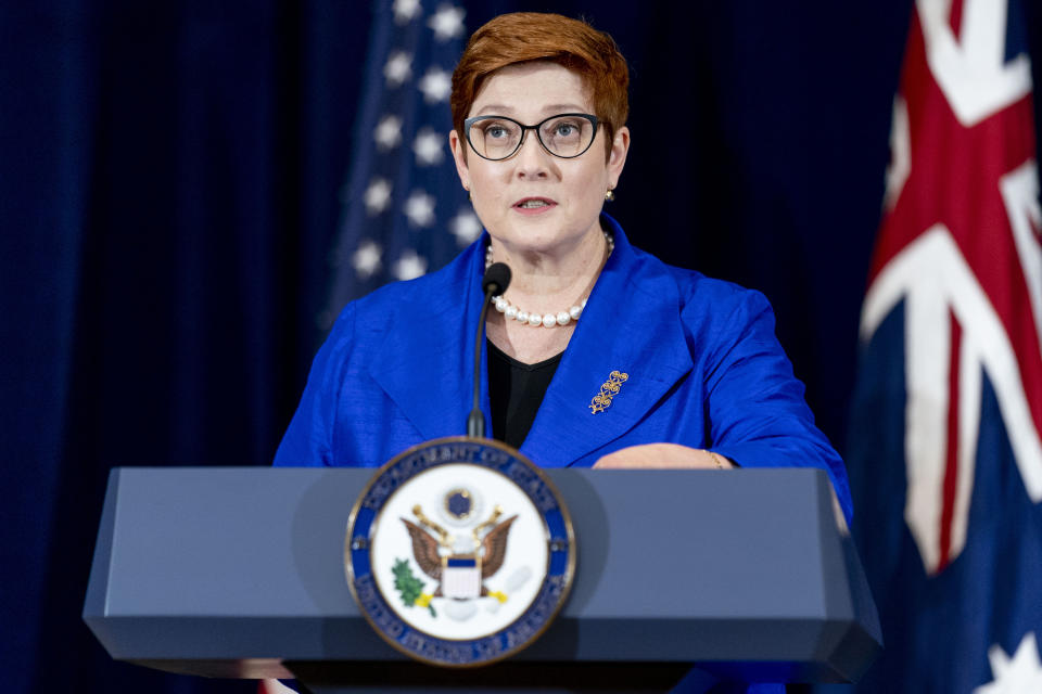 FILE - In this Sept. 16, 2021, file photo, Australian Foreign Minister Marise Payne speaks during a news conference with Australian Minister of Defense Peter Dutton, Secretary of State Antony Blinken, and Defense Secretary Lloyd Austin at the State Department in Washington. Australia said on Saturday, Sept. 18, it regretted France’s decision to recall its ambassador over the surprise cancellation of a submarine contract. (AP Photo/Andrew Harnik, File)