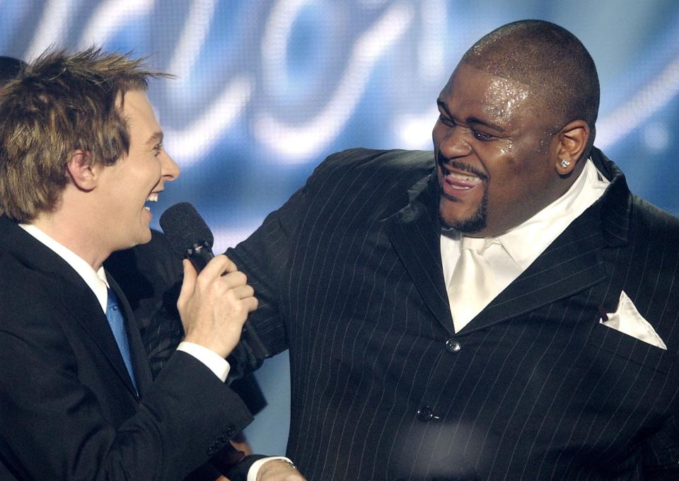 Ruben Studdard, right, after winning season two of "American Idol" in 2003. Clay Aiken came in second place.