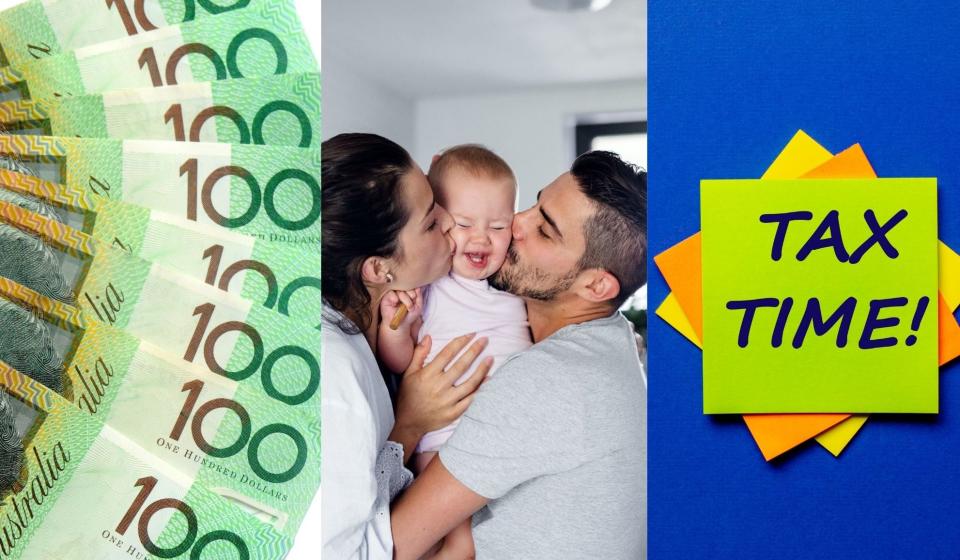 Compilation image of fanned out $100 notes with tax time on a post it note and image of two parents kissing a happy child