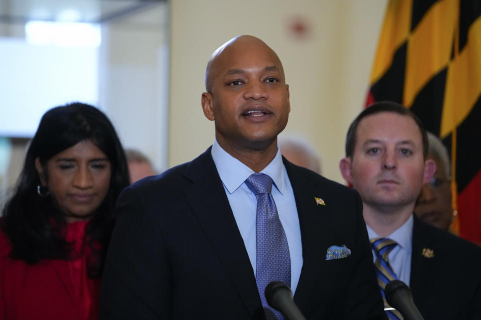 Maryland Gov. Wes Moore speaks during a news conference at the statehouse while standing in front of Lt. Gov. Aruna Miller, left, and state Senate President Bill Ferguson, D-Baltimore, right, Thursday, Feb. 9, 2023, in Annapolis, Md. State lawmakers announced support for measures protecting abortion rights, including a state constitutional amendment that would enshrine it. (AP Photo/Julio Cortez)