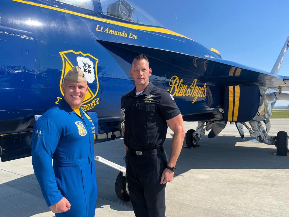 Capt. Jackson Streiff and AT1 Jonathan Miller, an avionics technician, are members of the Blue Angels team that will perform at the Marine Corps Air Station Air Show Saturday and Sunday. “I love it,” Lakeview, South Carolina, native Miller says of being a member of the Blue Angels team.