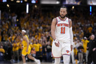 New York Knicks guard Jalen Brunson walks off the court at the end of Game 3 against the Indiana Pacers in an NBA basketball second-round playoff series, Friday, May 10, 2024, in Indianapolis. The Pacers won 111-106. (AP Photo/Michael Conroy)