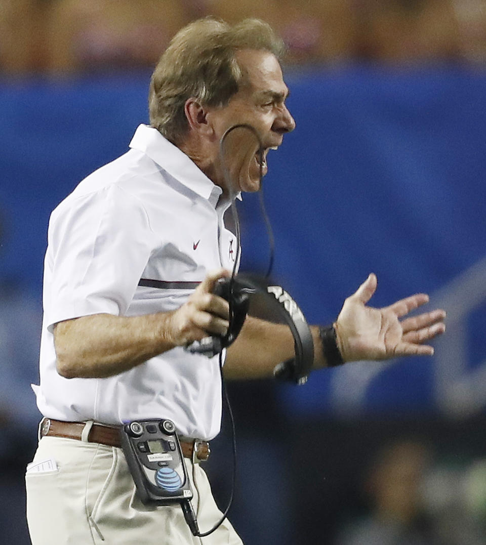 Alabama head coach Nick Saban reacts after Alabama fumbled the ball against Washington during the second half of the Peach Bowl NCAA college football playoff game, Saturday, Dec. 31, 2016, in Atlanta. Alabama recovered the fumble.(AP Photo/John Bazemore)