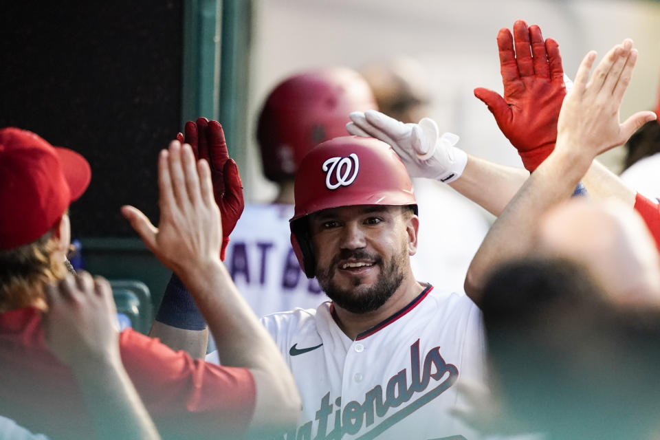 Washington Nationals' Kyle Schwarber celebrates his solo home run during the fifth inning of a baseball game against the New York Mets at Nationals Park, Monday, June 28, 2021, in Washington. (AP Photo/Alex Brandon)