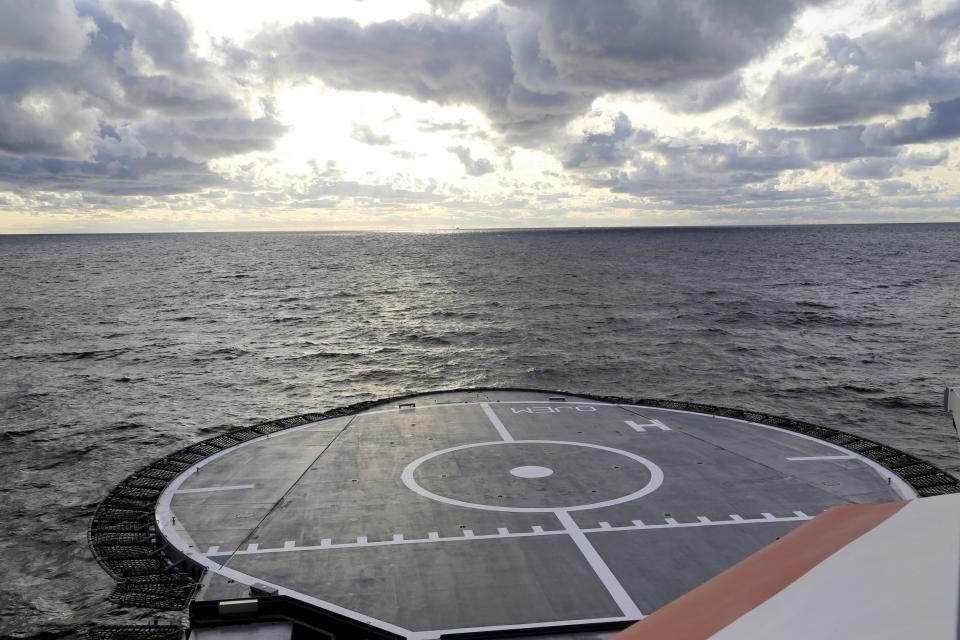 In this picture provided by The Finnish Border Guard, Finnish Border Guard's offshore vessel Turva on patrol at sea, Tuesday, Oct. 10, 2023 near the place where damaged Balticconnector gas pipeline is pinpointed at the Gulf of Finland. Finnish and Estonian gas system operators on Sunday said they noted an unusual drop in pressure in the Balticconnector pipeline after which they shut down the gas flow. The Finnish government on Tuesday said there was damage both to the gas pipeline and to a telecommunications cable between the two NATO countries. (Finnish Border Guard/Lehtikuva via AP)