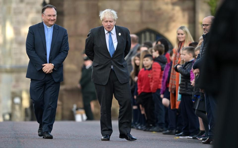 Boris Johnson pictured at Saint Patrick's Church of Ireland Cathedral this morning - Charles McQuillan/Getty Images