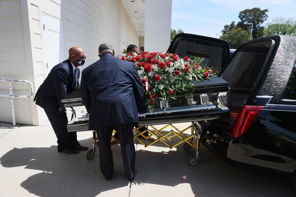The remains of Andrew Brown Jr. arrive for a public viewing at the Museum of the Albemarle on May 02, 2021, in Elizabeth City, North Carolina.  / Credit: Joe Raedle/Getty Images