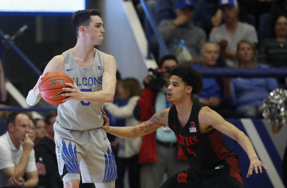 Air Force guard Chris Joyce, left, looks to pass the ball as San Diego State guard Trey Pulliam defends in the second half of an NCAA college basketball game Saturday, Feb. 8, 2020, at Air Force Academy, Colo. (AP Photo/David Zalubowski)