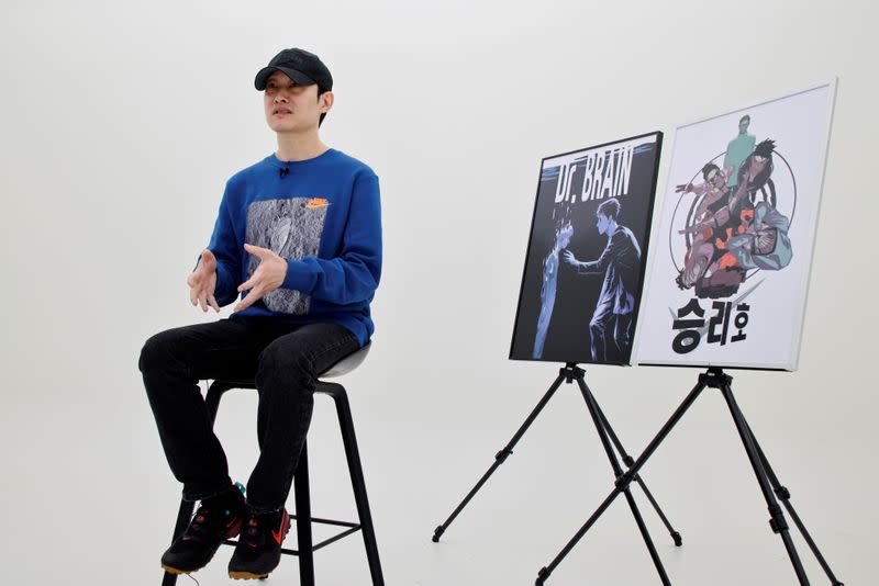 Hongjacga, cartoonist of Kakao Webtoon Dr. Brain, speaks during an interview with Reuters at a company studio in Seongnam