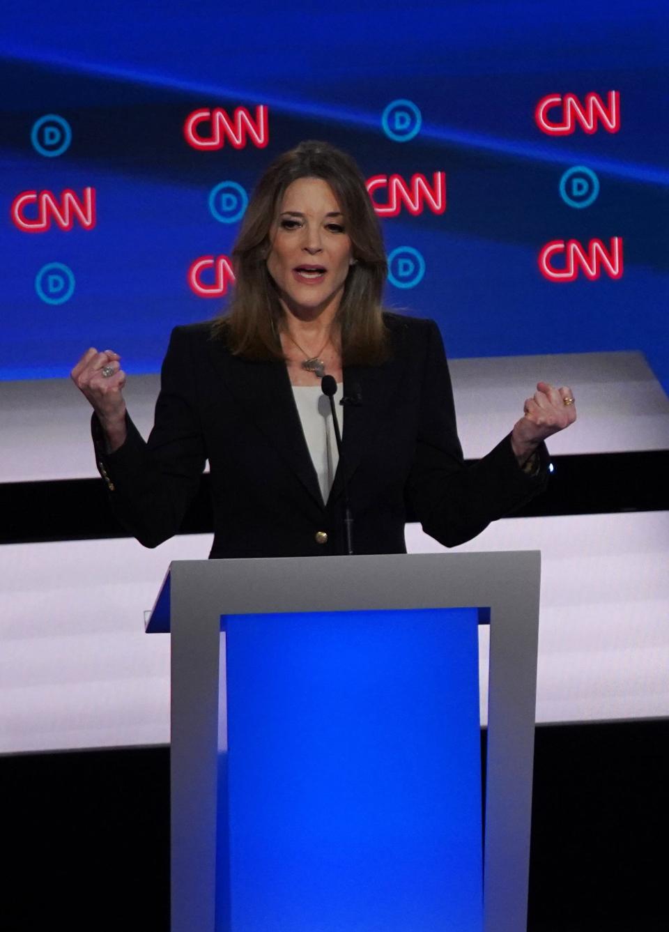 Democratic presidential candidate author Marianne Williamson speaks during the first night of the Democratic presidential debates at the Fox Theatre in Detroit on July 30, 2019.