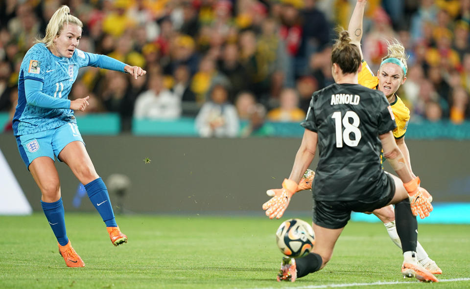 Lauren Hemp, pictured here scoring England's second goal against the Matildas.