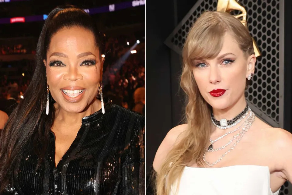 <p>Johnny Nunez/Getty Images; Stewart Cook/CBS via Getty Images</p> Oprah Winfrey and Taylor Swift at Crypto.com Arena on February 04, 2024 in Los Angeles, California