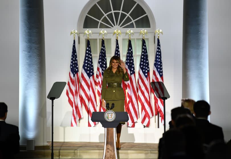 US First Lady Melania Trump waves as she addresses the Republican Convention during its second day from the Rose Garden of the White House August 25, 2020, in Washington, DC. (Photo by Brendan Smialowski / AFP) (Photo by BRENDAN SMIALOWSKI/AFP via Getty Images)