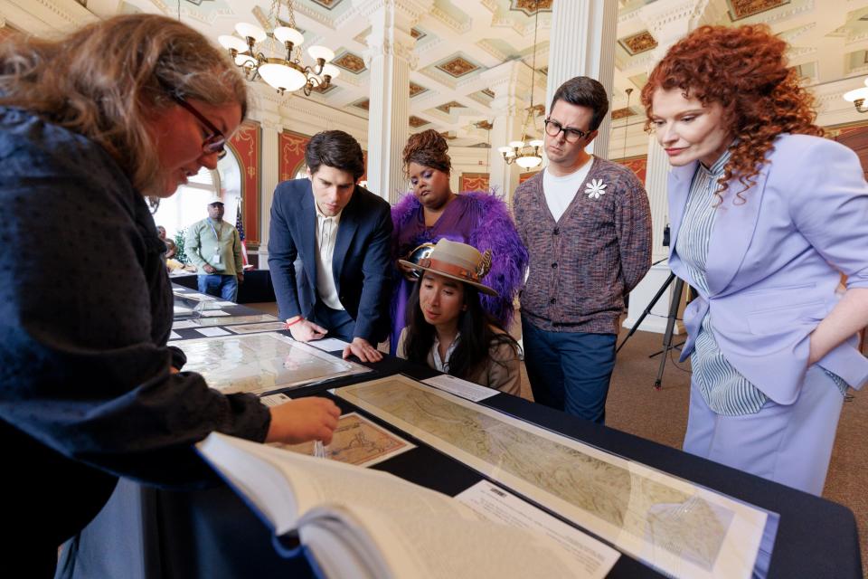 The cast of "Ghosts" (from left) - Asher Grodman, Danielle Pinnock, Roman Zaragoza, Richie Moriarty and Rebecca Wisocky visited the Library of Congress in Washington on April 9 and were presented with items curated for each of their ghosts' time period.