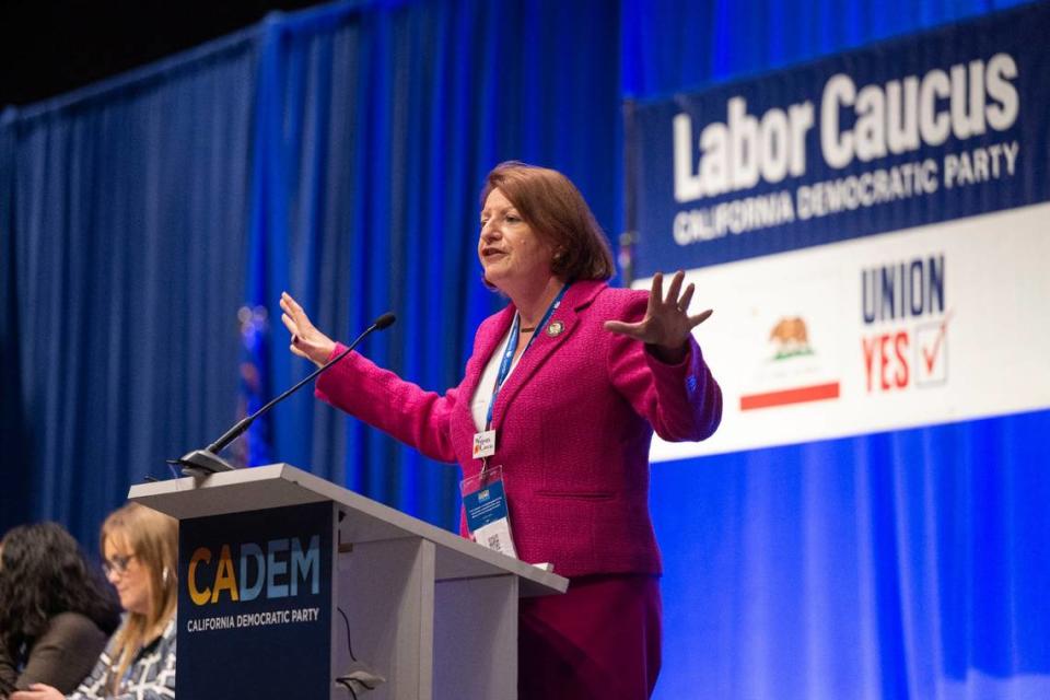 Senate President pro Tempore Toni G. Atkins, D-San Diego, speaks to the labor caucus at the California Democratic Party fall endorsing convention on Friday.