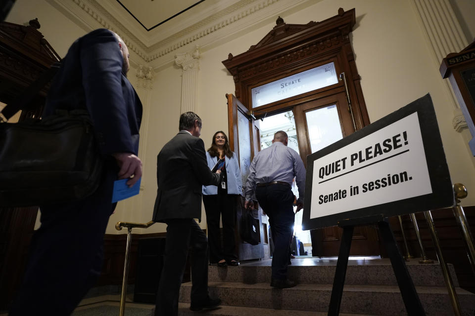 Members of the public enter the Senate Chamber at the Texas Capitol for day three of the impeachment trial for Texas Attorney General Ken Paxton, Thursday, Sept. 7, 2023, in Austin, Texas. (AP Photo/Eric Gay)