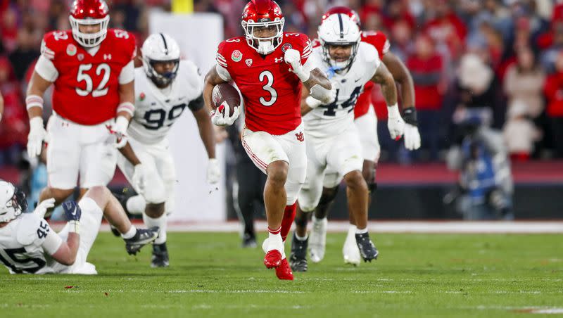 Utah Utes Ja’Quinden Jackson 3 runs the ball for a first down while playing the Penn State Nittany Lions in the 109th Rose Bowl in Pasadena on Monday, Jan. 2, 2023. With an offseason training as a running back under his belt, Ja’Quinden Jackson leads Utah’s backfield into 2023